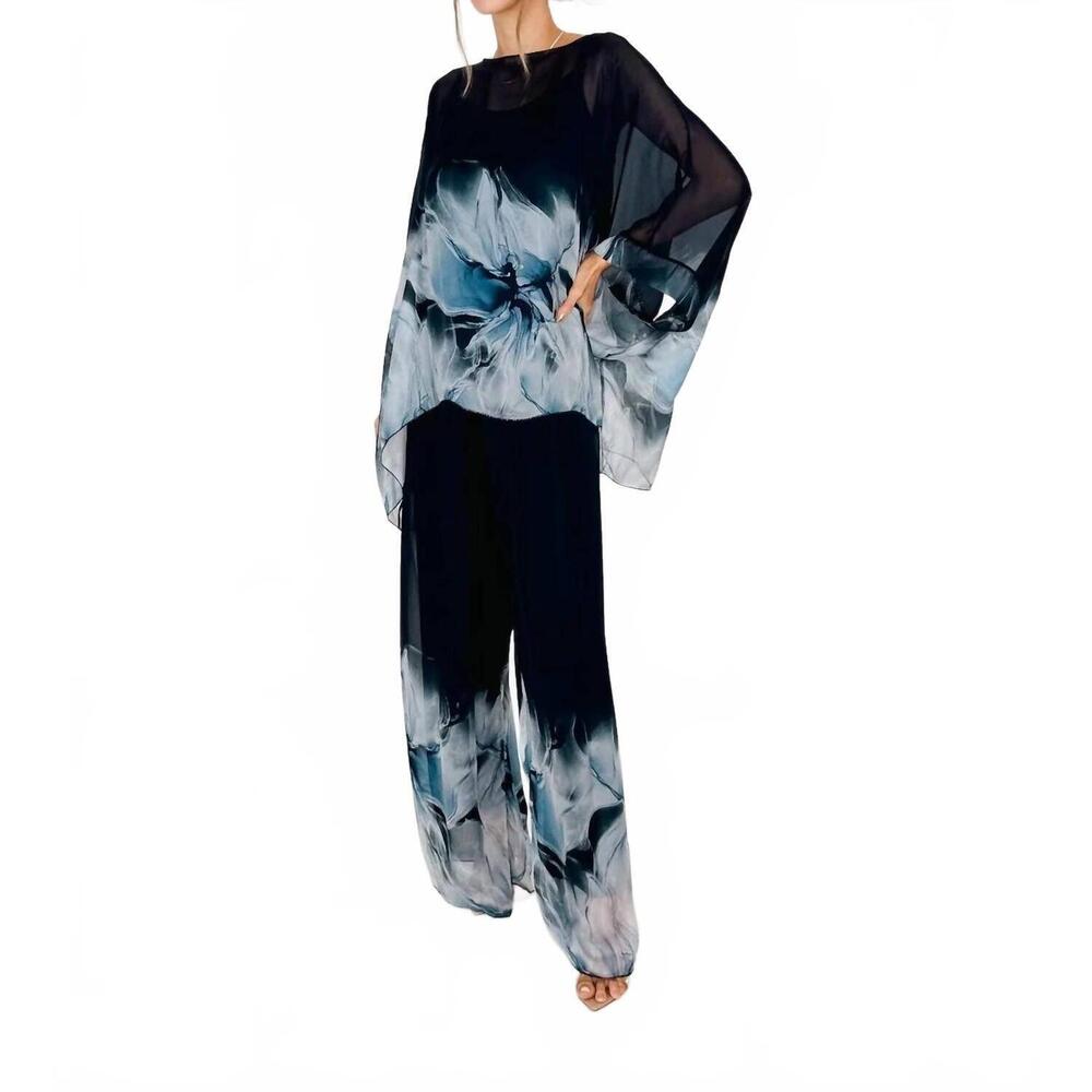 NEW MILIO MILANO italian silk floral wide leg pants in navy
